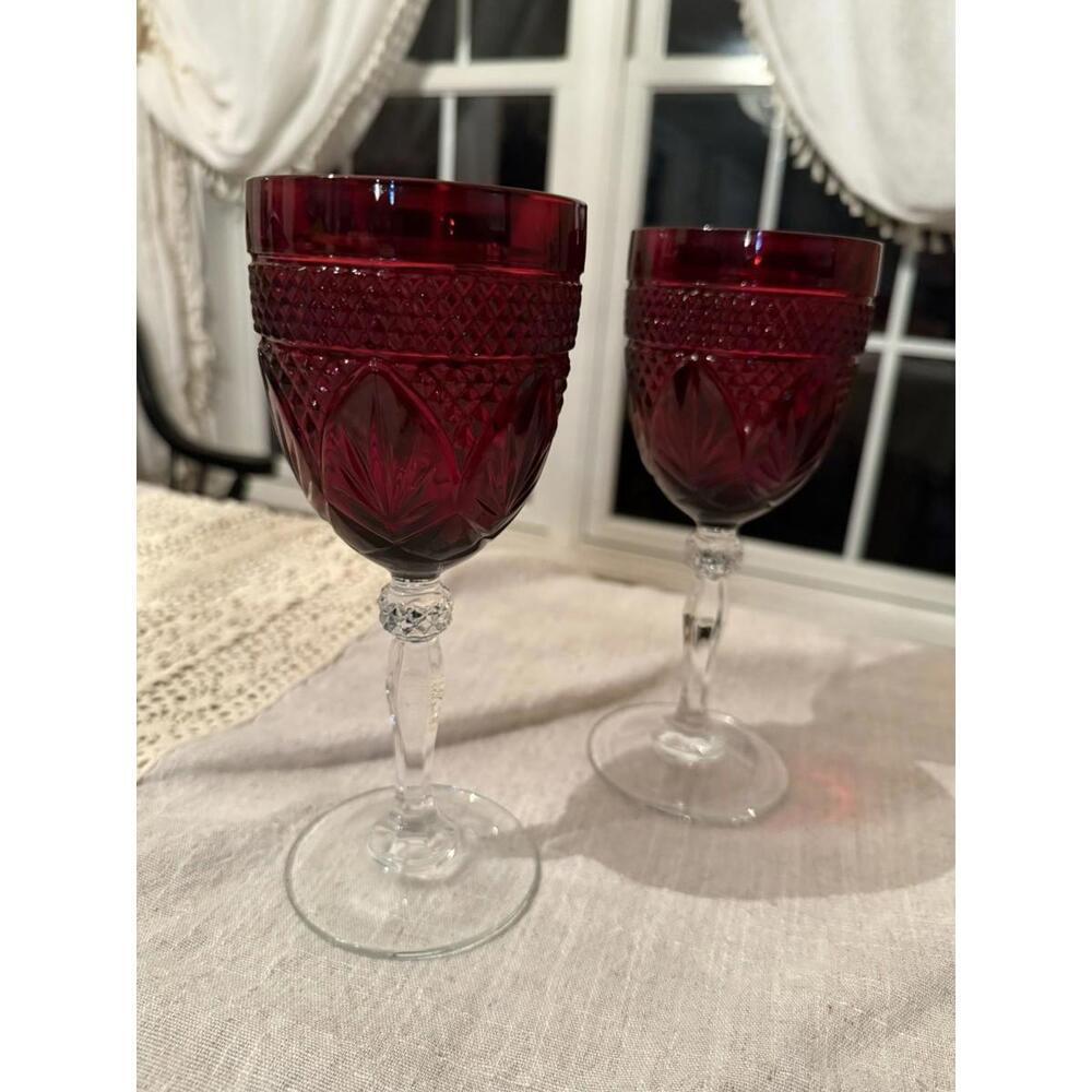 2 Red Water Wine Goblets Glasses Cristal D'Arques Durand Antique Ruby 8” Tall